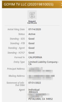 data form on a website showing Goyim Defense League's LLC filing with the California Secretary of State and an address in Petaluma, California 