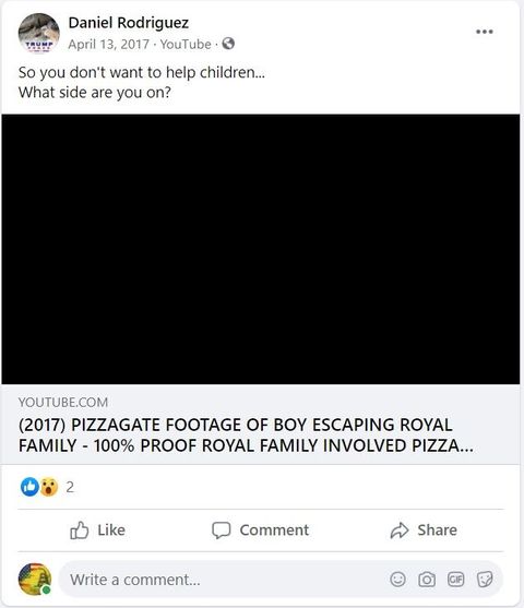 Danny sharing a pizzagate conspiracy video.