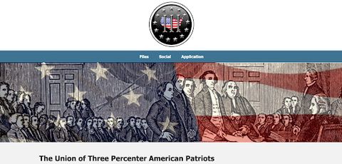 Screenshot of the banner and header for the The Union of Three Percenter American Patriots website which include a logo at the top with the traditional roman numeral 'III' on top of an image of the US decorated with an American flag. The banner shows a sketch of the signing of the Declaration of Independence, also decorated with an American flag.