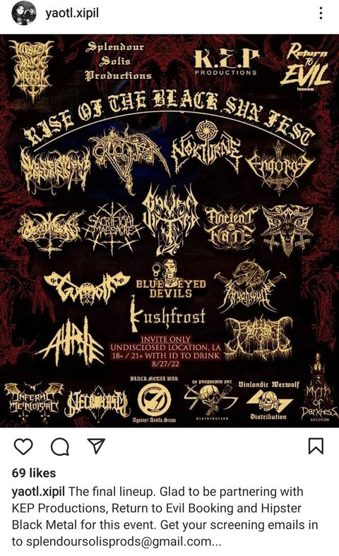 Show flyer with a bunch of Nazi bands and imagery including the SS logo, some skulls and the black sun symbol
