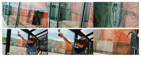 A series of six images taken from the same video that shows a man wearing a skull mask placing a sticker on a large dusty window of an industrial building. The top three images show the same view from the outside of the window, and the bottom three images show the same view from the inside of the window, with each image zoomed in to better show that the placement of the sticker is right next to “window graffiti” that depicts cartoonishly drawn genitalia, which the man appears to be completely unaware of.