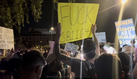 a crowd of people rally outside at night holding up signs, the most legible sign is on a yellow poster board and reads in black marker 'FUCK SB1164.'