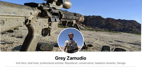 Zamudio's facebook banner, showing one of his rifles on a bipod in the desert. In it he describes himself as 'anti hero, total loser, professional asshole, Republican, hopeless romantic, Savage.'