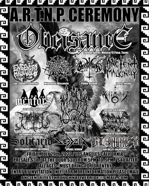 Flyer for the 'A.T.R.N.P. ceremony' show. Thirteen bands with mostly illegible logos over some gothic image of satan descending earth or something.