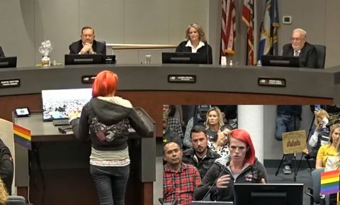 his is a screenshot of a Santee city council meeting. In it, Audra Morgan can be seen addressing council members. There is a picture-in-picture shot of her from the front. She is gesticulating as she speaks. There are several attendees visible behind her.