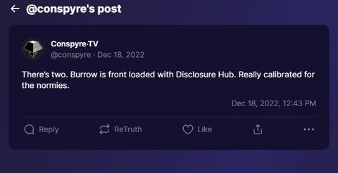 One of Horat's Truth Social posts regarding his Roku channels. It was posted on December 18, 2022. The post reads, "There's two. Burrow is front loaded with Disclosure Hub. Really calibrated for the normies." 