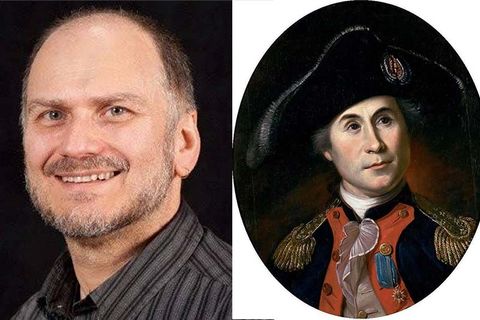 on the left, A balding middle-aged caucasian man with a short beard grins for a portrait and on the right, a revolutionary war sea captain's portrait where he wears a fancy coat and big naval hat of the time