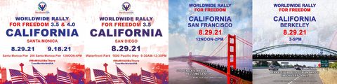Digital flyers for a ‘Worldwide Rally for Freedom using symbolic imagery of American Flags and Eagles to promote events in 4 California cities
