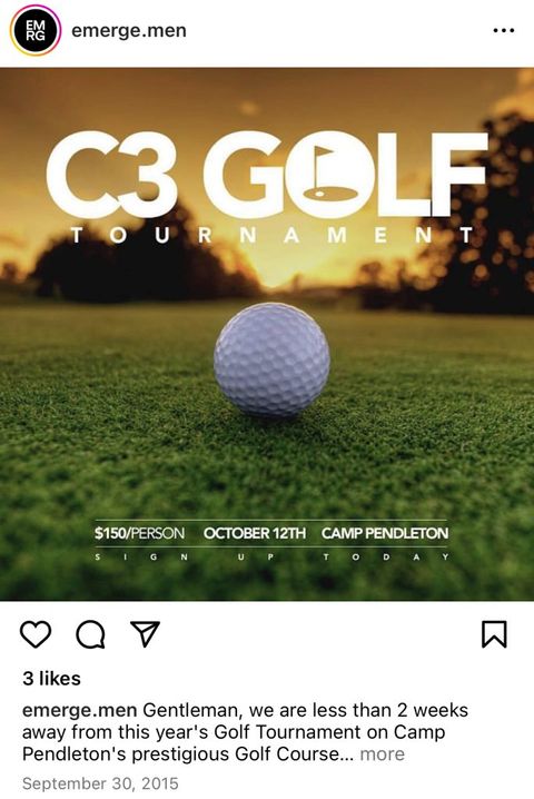 poster with a photo of a golf ball on a green advertising the C3 golf tournament. $150 a person