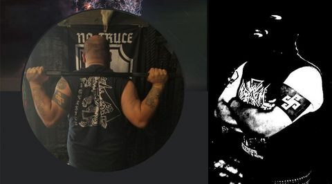 left image is a photo of Tudón deadlifting with his stylized swastika tattoo prominently on his left bicep and on the right a black and white photo of Tudón with the swastika again prominently featured