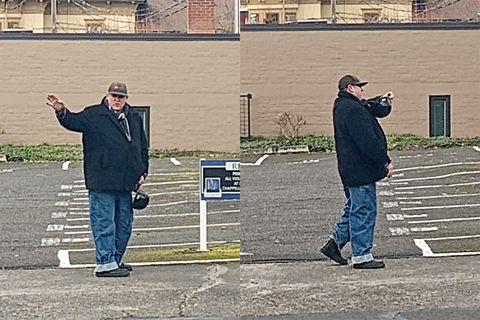 Two photos side by side of a heavy-set man in a parking lot waving his hand towards the camera then picking up a camera hanging around his neck and taking a photo as he walks away