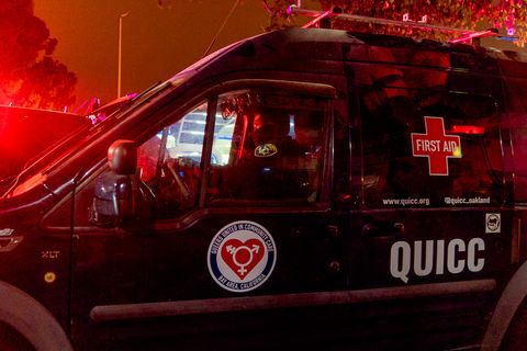 An Oakland police officer drives the Queers United in Community Care first aid van away to be impounded after some members were detained and one arrested during the 'Justice for Jacob' protest in Oakland, Calif., August 26, 2020. QUICC is a 'queer-led mutual aid and street medic collective', according to their website.