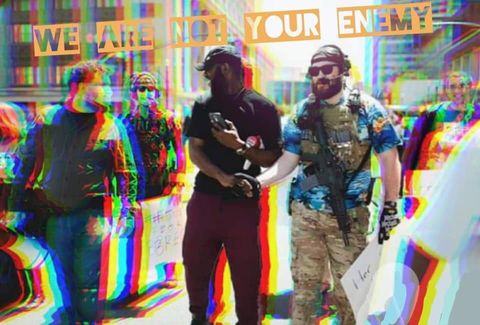 Boogaloo Boys propaganda image with the caption 'We are not your enemy.'
