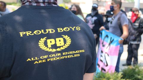 Back of a Proud Boy’s shirt, ‘All of our enemies are pedophiles.’ Photo by Sabine Alexander.