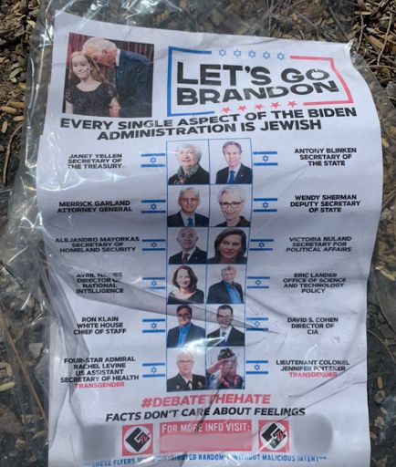 The GDL propaganda unraveled, reading 'Let’s Go Brandon: Every single aspect of the Biden administration is Jewish.' Jewish members of the Biden administration are listed, then the bottom says 'Debate Hate Facts don’t care about your feelings.' then advertises Goyim TV. A disclaimer underneath reads 'These flyers were distributed randomly without malicious intent.'