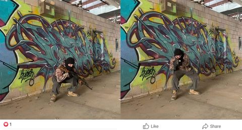 two facebook posts from Gonzalez of him squatting next to graffiti in an abandoned building while holding a rifle. in one the rifle is pointed at the ground in the other he's pointing at the camera
