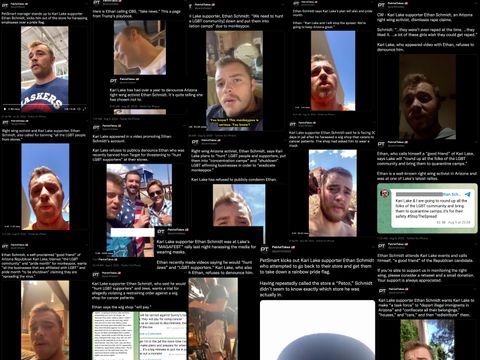 17 separate screenshots from the Patriot Takes twitter account reposting Ethan Schmidt videos. His face appears in most of them, some show his social media accounts uncensored, and one shows him posing with Kari Lake.