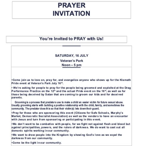 People's Rights text-only flyer describing their intent to 'evangelize' to the people attending Pride and labeling them 'groomers' and targeting local Pride supporters