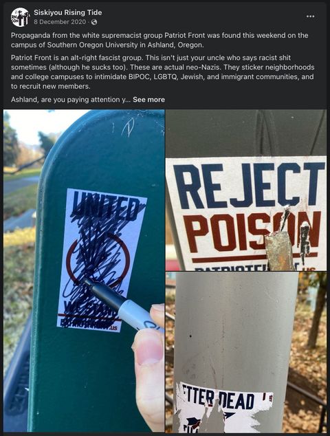Patriot Front stickers being covered up with a marker.