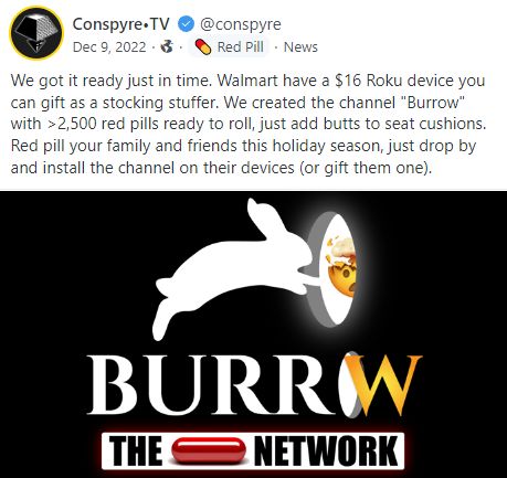 This screenshot of a Gab post by Horat contains both text and an image. The text reads, "We got it ready just in time. Walmart have a $16 Roku device you can gift as a stocking stuffer. We created the channel "Burrow" with over 2,500 red pills ready to roll, just add butts to seat cushions. Red pill your family and friends this holiday season, just drop by and install the channel on their devices (or gift them one)." The image is the burrow logo: a white silhouette of a rabbit against a black background. The rabbit is jumping into a hole that is giving off some light. Inside the hole is an emoji with its head exploding--a visual euphemism for "mind-blowing." Below the rabbit is text that reads "BURROW," followed by a new line which reads "The Red Pill Network." In that last sentence, the words "red pill" are represented by a literal red pill.

