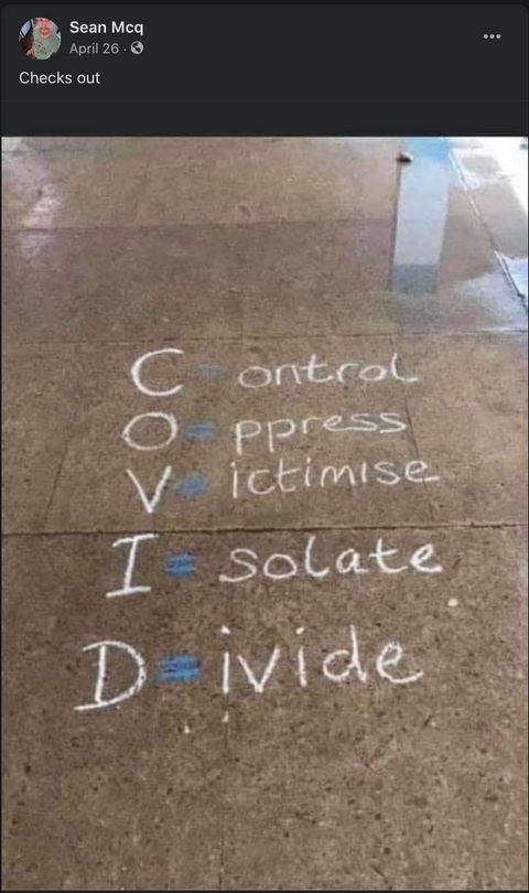 Screenshot from McHugh's facebook page with COVID spelled out with each letter referring to a word. In order: Control, Oppress, Victimise, Isolate, Divide.'