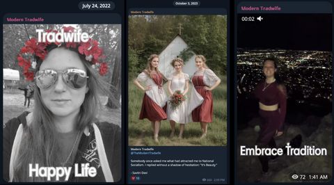 Three posts from the Modern Tradwife accounts. One is a black and white image of Ashley Krogstad wearing a red flower crown and cop sunglasses. The text overlaid on the image reads “Tradwife, Happy Life.” The next image is an AI generated image of three white women with flowing white and red dresses and braided blonde hair. They are standing in front of a white shed in a lush green forest. The white on the image forms an illusion in the shape of a swastika. The caption on the post reads “Somebody once asked me what had attracted me to National Socialism. I replied without a shadow of hesitation: It’s beauty. - Savitri Devi.” The first photo is a screenshot from a video on Modern Tradwife showing Krogstad in a red workout outfit and holding a horn while on top of a mountain. The city highlights flash behind her. Text overlaid on the video reads “Embrace tradition.”