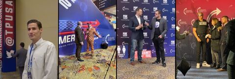  four separate images showing Steinbart, Marnell, Posobiec, and O’Keefe giving interviews. Steinbart is smiling in front of a TPUSA standee. Marnell is standing by an AmericaFest decorated escalator, Posobiec is talking to a host from Fox Nation and standing by a “Gender is binary” sign. O’Keefe is wearing a “press” bullet proof vest and sunglasses while posing with fans.