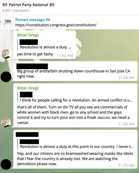 A conversation in 'Patriot Party National' between user 'Bitter Dregs' and a redacted user. Bitter Dregs: yes time to get fashy REDACTED: Big group of antifa/blm shutting down courthouse in San Jose CA right now. Bitter Dregs: that’s all of them. turn on thr TV all you see are commercials of white women with black men. go to any school and the gays control it and try to turn your son into a freak [transphobic slur]. we need a caesar. REDACTED: Yep, and our citizens are so brainwashed wearing masks like idiots that I fear the country is already lost. We are watching the demolition phase now.