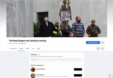 the cover photo of the facebook group 'turning oregon red jackson county' with protesters holding a sign that says 'keep your laws off our rights kate'