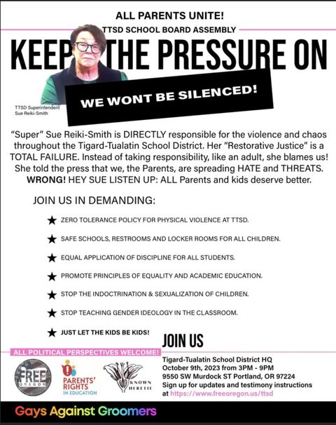 Flyer for the board meeting showing a picture of the superintendent Sue Keiki-Smith and the phrase "we won't be silenced". Gays against groomers' logo is at the bottom