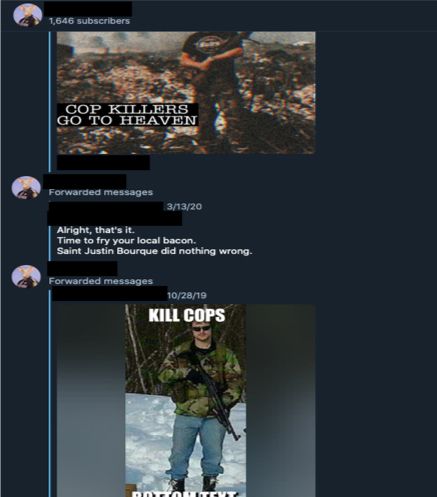 Propaganda and Messages from another popular anti-government neo-Nazi telegram group, situating Lemp’s killing within the larger narrative of struggle against the 'New World Order' or 'Zionist Occupation Government.' Propaganda features Justin Bourque, the Moncton, Canada shooter who killed three RCMP officers and injured two in 2014.