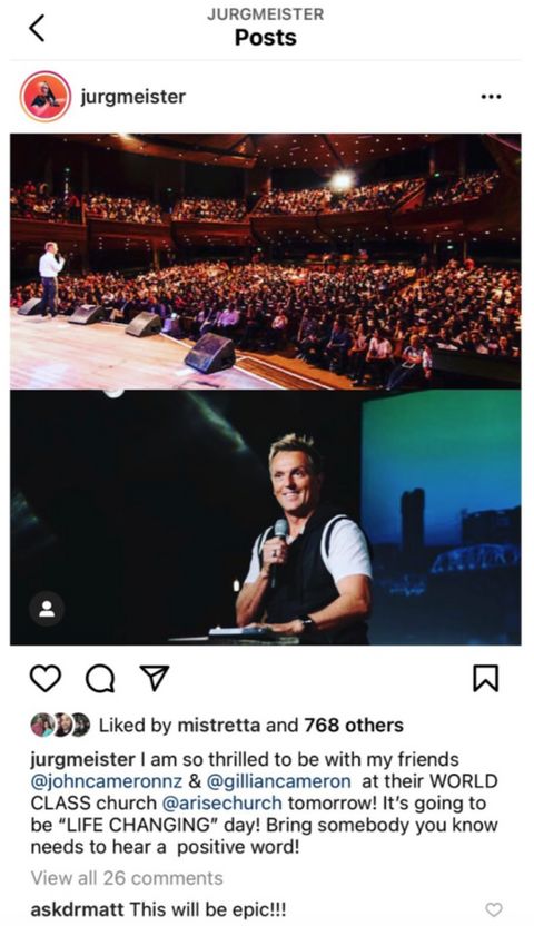 Split screen image- Top image of a large Audience and a Pastor speaking on stage
Bottom image- Jurgen standing at the pulpit preaching with a smile on his face wearing a white t-shirt and Black vest.
ALT TXT; I am so thrilled to be with my friends at their world class church tomorrow! its going to be "LIFE CHANGING" day! Bring somebody you know needs to hear a positive word!"