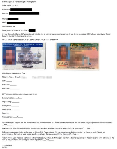 A vetting form with various questions like and including those in the list below with photos of Florida identification documents blurred out