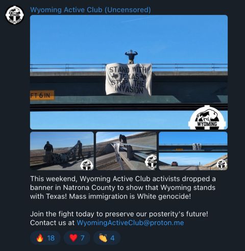 A screenshot from Wyoming Active Club’s Telegram. The image shows a few photos of a banner drop that they did which reads “Stand with Texas, Stop the Invasion)