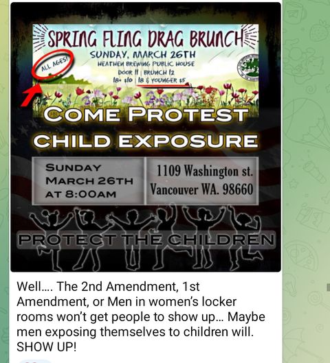 Poster for a counterprotest to Heathen Brewing's event. It says "Come protest child exposure" and the caption below says "well...the second amendment, first amendment or men in womens' locker rooms won't get people to show up...maybe men exposing themselves to children will. Show up!"