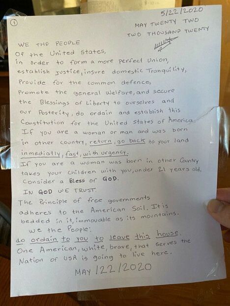 Racist flyer left on a person’s home in San Leandro. Taken from Trinny Wynn’s Facebook.