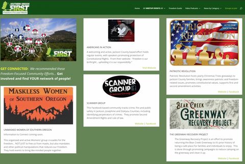 The Southern Oregon First webpage list of "groups to join" including maskless women of southern oregon, scanner group, patriotic revolution, americans in action, bear creek greenway recovery project