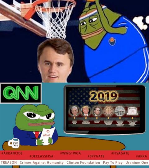 Top image is the groyper frog character mascot slam-dunking a basketball over Charlie Kirk's head and the bottom is Pepe the frog dressed in a suit as a news anchor for 'Q News Network' where all the headlines are qanon conspiracy theories like uranium one and spy gate