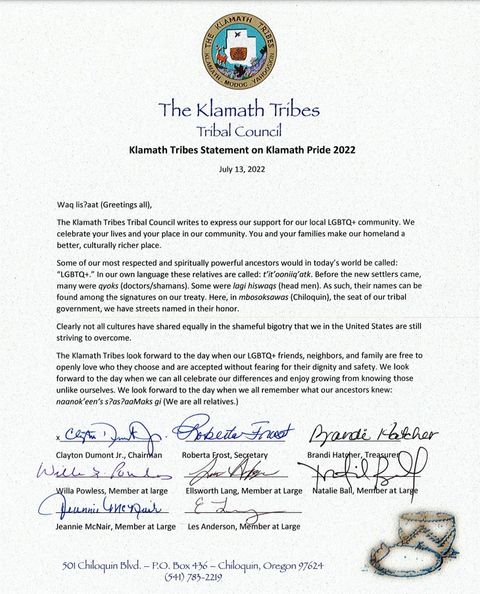 Klamath Tribes Tribal Council statement on Klamath Pride with their letterhead and seal 