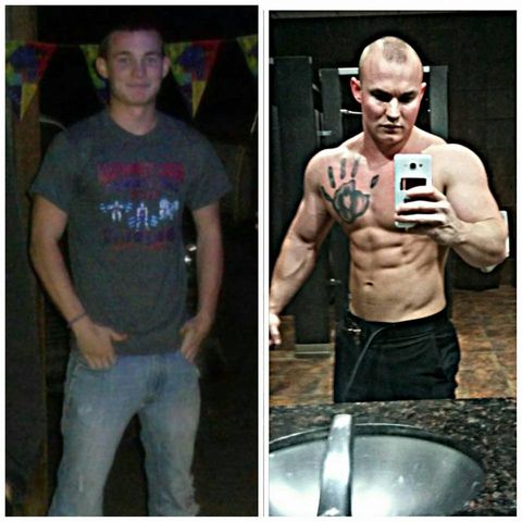 Facebook post showing Pendley on the left in jeans and a t-shirt before he began his muscle training, much skinnier than he is on the right, almost naked and with much more defined muscles.