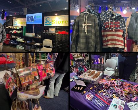 4 separate images showing four different stores in the Exhibitor Hall. The top left photo is Mike Lindell’s MyStore, available are shirts, packaged American flags, and a row of green drain snakes hang on the metal backed wall. A TV rotates merch available on his website. The top right photo shows two sweaters, a grey striped one with a cross. Another is an American flag pattern and reads “Lets Go Jesus. Rebuke the Devil.” The bottom left photo shows a rack of purses. Some have Melania Trump patterned all over it, some images also feature Trump. Another is a white and gold bedazzled high heel shaped purse with “Trump” written on the side. The bottom right photo shows the Students for Life merchandise booth. Anti-choice, fetus decorated postcards are available, anti-choice bracelets, and stickers. There’s a fetus development suitcase on the table.