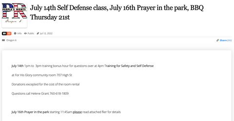 notice for Peoples Rights-sponsored July 14th self defense class with the prayer event listed next to it