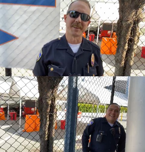 two different photos of officers, the bottom standing by a fence and smiling and the top, who has a mustache and is wearing sunglasses, also smiling and apparently laughing