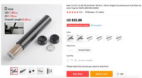 Screenshot of the Ali Express page where you can buy a solvent trap. The trap is a bunch of cylindrical metal parts that can be fashioned into a silencer. It's 25 dollars and 88 cents. Please don't attempt to buy this item for the reasons outlined in this story.