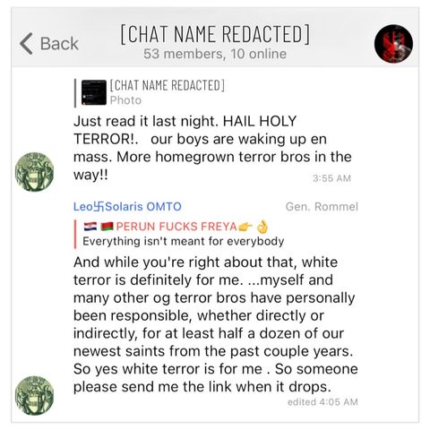 A screenshot from Telegram showing two posts written by “Leo Solaris OMTO”. (1)  In response to a post about a manifesto written by a Slovakian man who murdered multiple people in October 2022, Leo Solaris OMTO wrote: “Just read it last night. HAIL HOLY TERROR! Our boys are waking up en masse. More homegrown terror bros on the way!!” (2) In response to a comment from another chat member who wrote: ”Everything isn’t meant for everybody”, Leo Solaris OMTO wrote: “ and while you’re right about that, white tear is definitely for me… Myself and many other O.G. terror bros have personally been responsible, whether directly or indirectly, for at least half a dozen of our newest saints from the past couple years. So yes, white terror is for me. So someone please send me the link when it drops.”