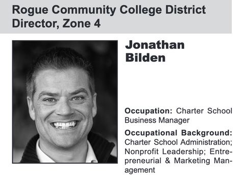 Bildens listing in this year's election guide, showing his photo--a toothy grin on a man with short hair and crow's feet. The title is "Rogue COmmunity college district director, zone 4," It lists his occupation as "charter school business manager" and his occupational background as "charter school administration, nonprofit leadership, entrepreneurial and marking management"