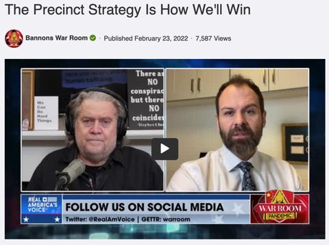 Steve Bannon's War Room screenshot with the header "The Precinct Strategy is How We'll Win"