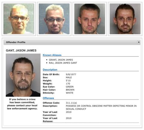 A Series of 5 mugshots showing Jason Gant throughout the years. In the first two images, he is sporting bleach blonde hair and glasses. In the third image, his face has pick marks and his eyes are bloodshot. In the last two photos, he is visibly aging and his facial hair has been grown out quite a bit longer than he’d previously worn it. 