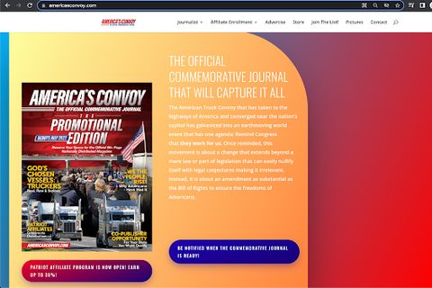 Screenshot of America’s Convoy dot com advertising the 'America's Convoy the official commemorative journal' and a magazine-like cover of some trucks with flags with headlines like 'God's chosen vessels: truckers' and 'co-publisher opportunity'