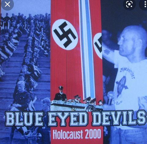 The cover for the Blue Eyed Devils album 'Holocaust 2000' which depicts nazi soldiers in line, a nazi banner, and the lead singer seig heiling